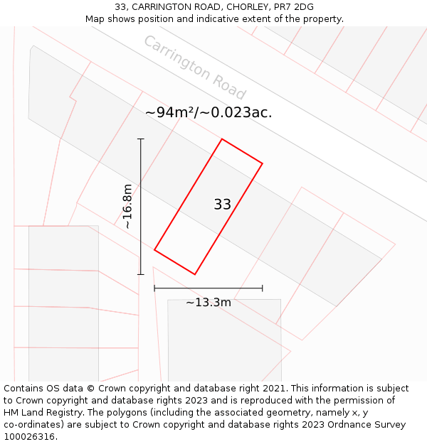33, CARRINGTON ROAD, CHORLEY, PR7 2DG: Plot and title map