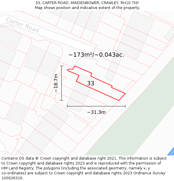 33, CARTER ROAD, MAIDENBOWER, CRAWLEY, RH10 7NY: Plot and title map