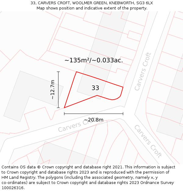 33, CARVERS CROFT, WOOLMER GREEN, KNEBWORTH, SG3 6LX: Plot and title map