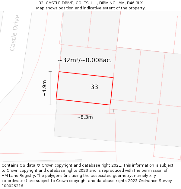 33, CASTLE DRIVE, COLESHILL, BIRMINGHAM, B46 3LX: Plot and title map