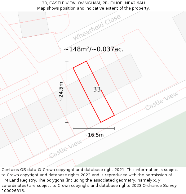 33, CASTLE VIEW, OVINGHAM, PRUDHOE, NE42 6AU: Plot and title map