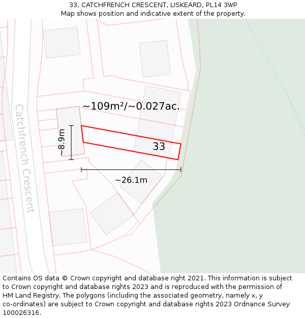 33, CATCHFRENCH CRESCENT, LISKEARD, PL14 3WP: Plot and title map