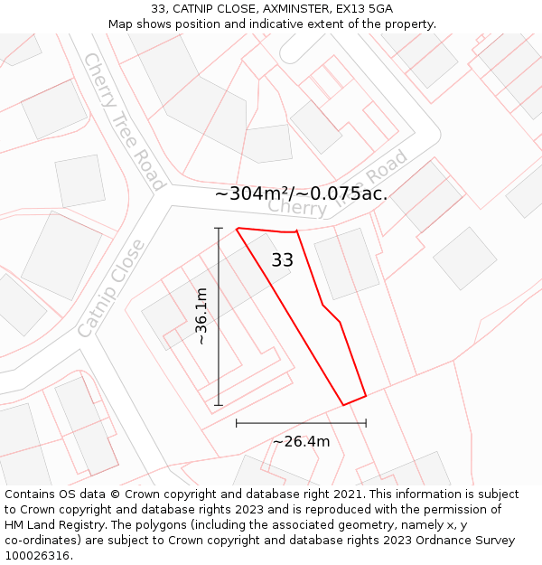 33, CATNIP CLOSE, AXMINSTER, EX13 5GA: Plot and title map