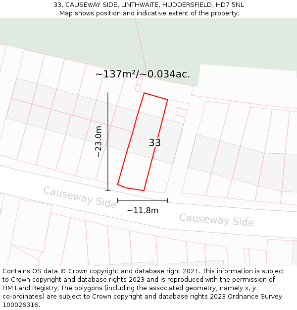 33, CAUSEWAY SIDE, LINTHWAITE, HUDDERSFIELD, HD7 5NL: Plot and title map