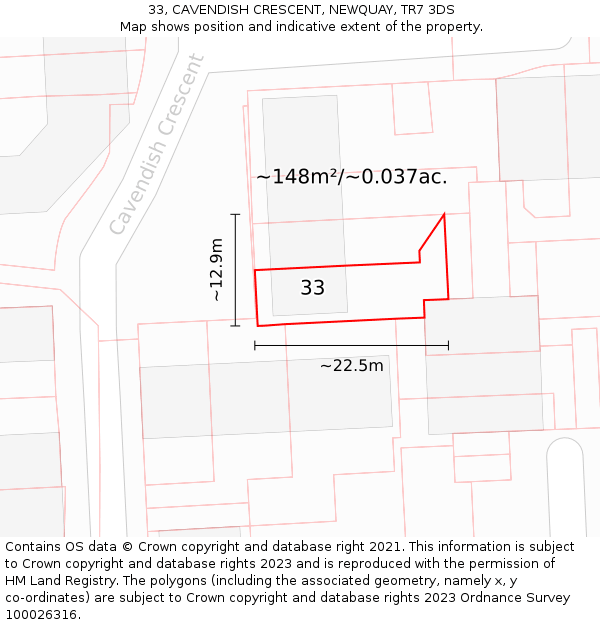 33, CAVENDISH CRESCENT, NEWQUAY, TR7 3DS: Plot and title map