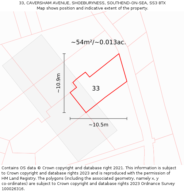 33, CAVERSHAM AVENUE, SHOEBURYNESS, SOUTHEND-ON-SEA, SS3 8TX: Plot and title map