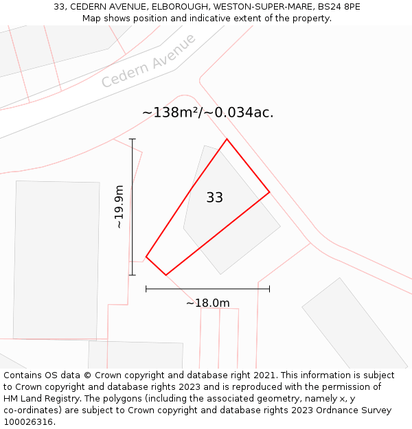 33, CEDERN AVENUE, ELBOROUGH, WESTON-SUPER-MARE, BS24 8PE: Plot and title map