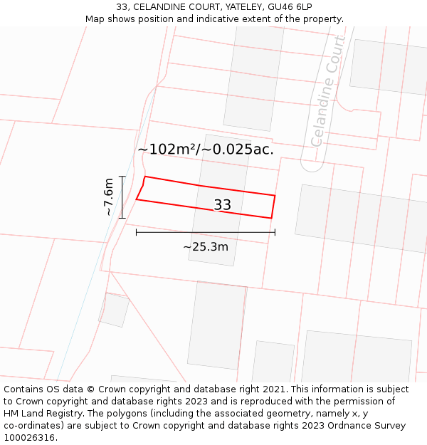 33, CELANDINE COURT, YATELEY, GU46 6LP: Plot and title map