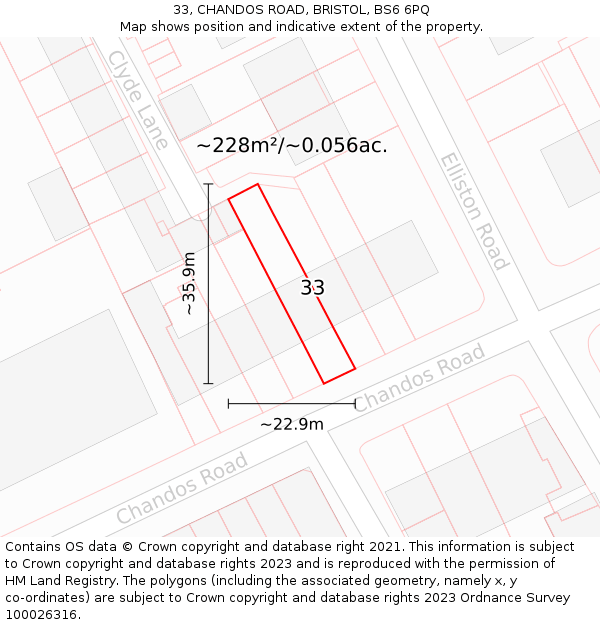 33, CHANDOS ROAD, BRISTOL, BS6 6PQ: Plot and title map