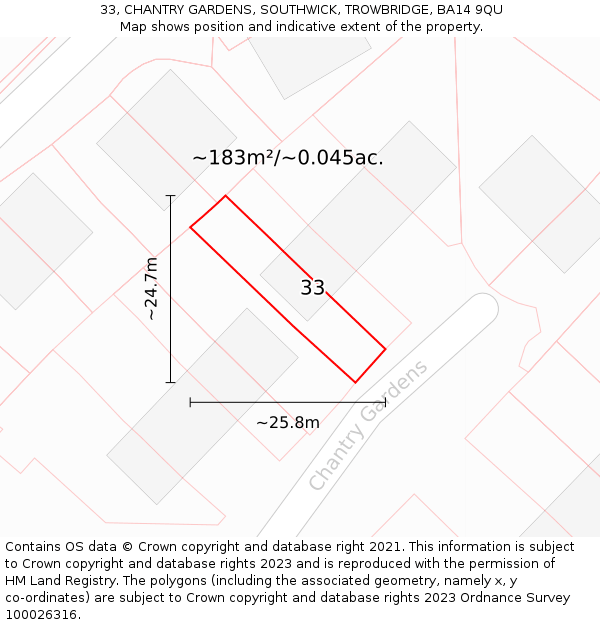 33, CHANTRY GARDENS, SOUTHWICK, TROWBRIDGE, BA14 9QU: Plot and title map