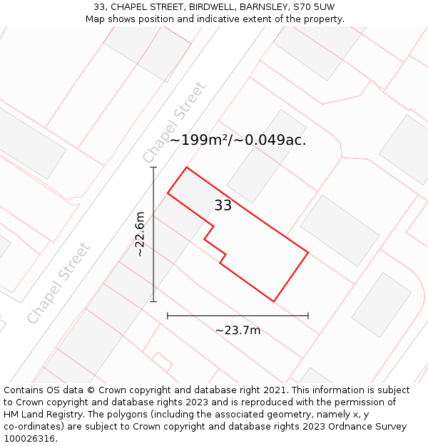 33, CHAPEL STREET, BIRDWELL, BARNSLEY, S70 5UW: Plot and title map