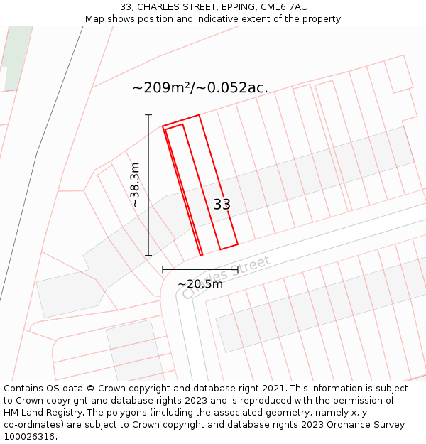 33, CHARLES STREET, EPPING, CM16 7AU: Plot and title map