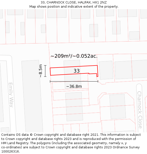 33, CHARNOCK CLOSE, HALIFAX, HX1 2NZ: Plot and title map