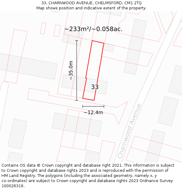 33, CHARNWOOD AVENUE, CHELMSFORD, CM1 2TQ: Plot and title map