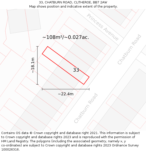 33, CHATBURN ROAD, CLITHEROE, BB7 2AW: Plot and title map