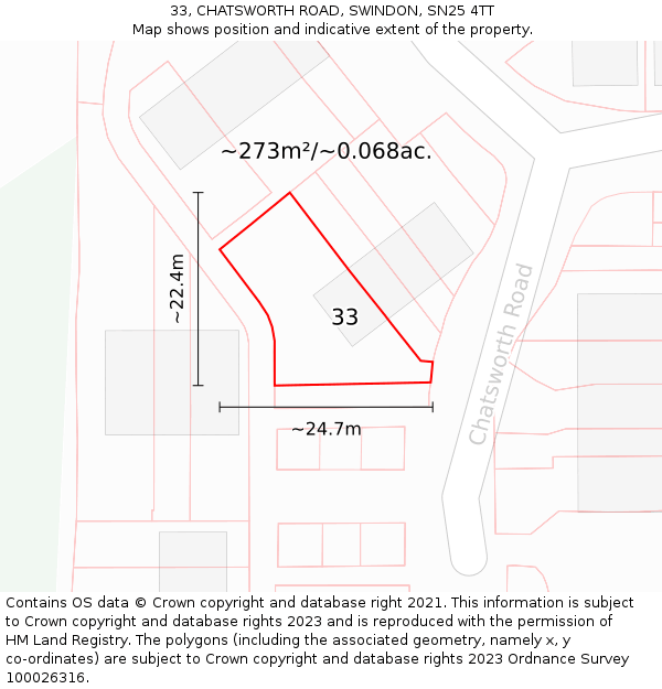 33, CHATSWORTH ROAD, SWINDON, SN25 4TT: Plot and title map