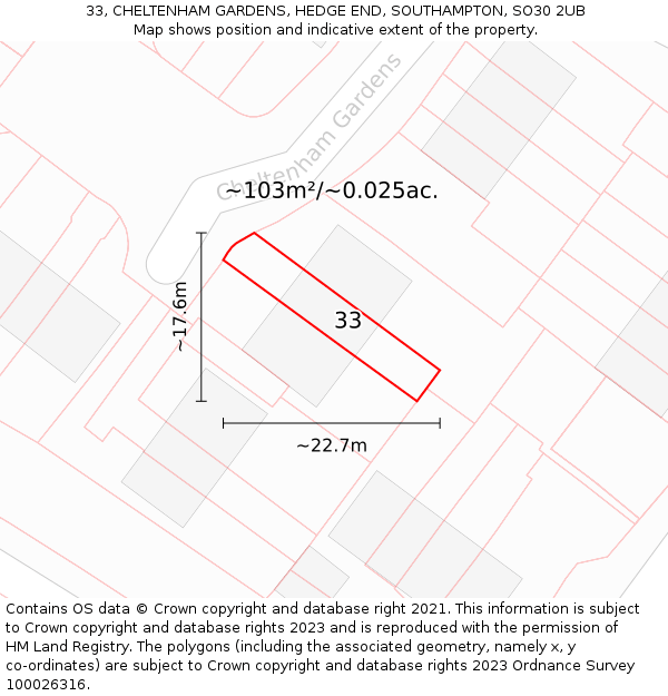 33, CHELTENHAM GARDENS, HEDGE END, SOUTHAMPTON, SO30 2UB: Plot and title map