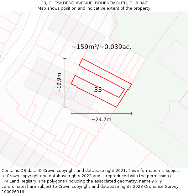 33, CHESILDENE AVENUE, BOURNEMOUTH, BH8 0AZ: Plot and title map