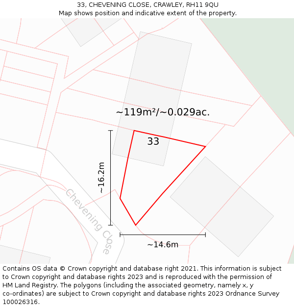 33, CHEVENING CLOSE, CRAWLEY, RH11 9QU: Plot and title map