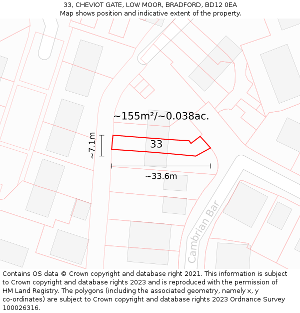 33, CHEVIOT GATE, LOW MOOR, BRADFORD, BD12 0EA: Plot and title map