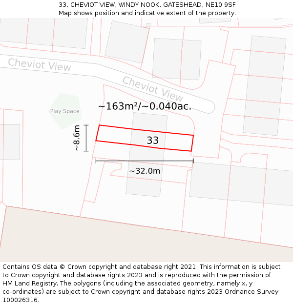 33, CHEVIOT VIEW, WINDY NOOK, GATESHEAD, NE10 9SF: Plot and title map