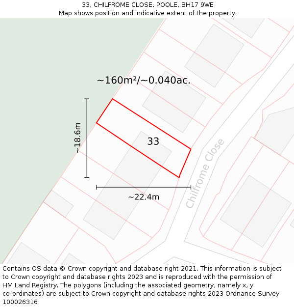 33, CHILFROME CLOSE, POOLE, BH17 9WE: Plot and title map