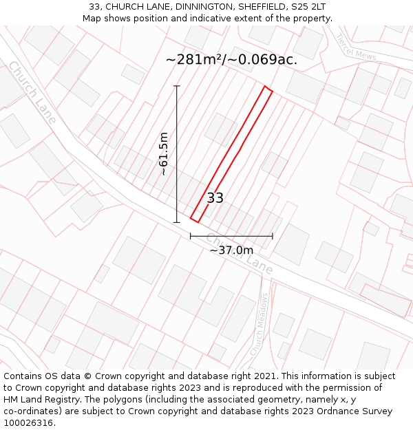 33, CHURCH LANE, DINNINGTON, SHEFFIELD, S25 2LT: Plot and title map