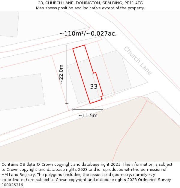 33, CHURCH LANE, DONINGTON, SPALDING, PE11 4TG: Plot and title map