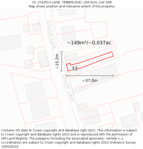 33, CHURCH LANE, TIMBERLAND, LINCOLN, LN4 3SB: Plot and title map