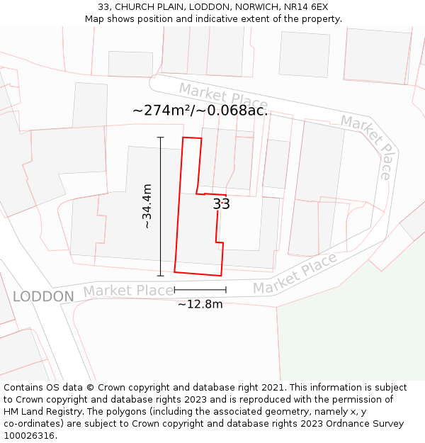 33, CHURCH PLAIN, LODDON, NORWICH, NR14 6EX: Plot and title map