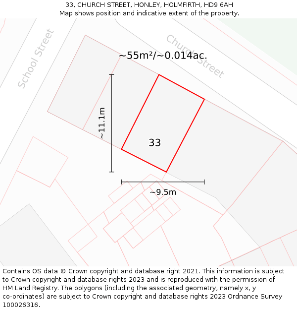 33, CHURCH STREET, HONLEY, HOLMFIRTH, HD9 6AH: Plot and title map