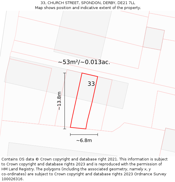 33, CHURCH STREET, SPONDON, DERBY, DE21 7LL: Plot and title map