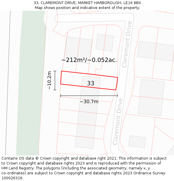 33, CLAREMONT DRIVE, MARKET HARBOROUGH, LE16 8BX: Plot and title map
