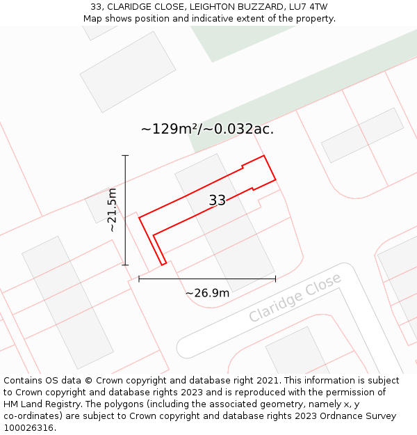 33, CLARIDGE CLOSE, LEIGHTON BUZZARD, LU7 4TW: Plot and title map