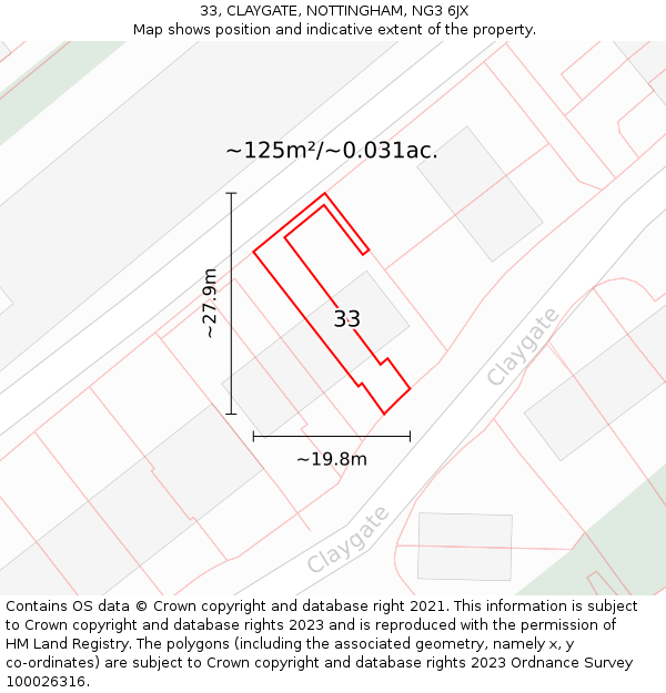 33, CLAYGATE, NOTTINGHAM, NG3 6JX: Plot and title map