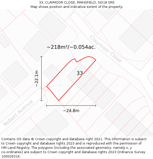 33, CLAYMOOR CLOSE, MANSFIELD, NG18 5RS: Plot and title map