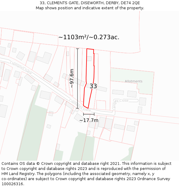 33, CLEMENTS GATE, DISEWORTH, DERBY, DE74 2QE: Plot and title map