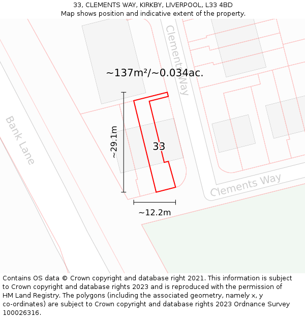 33, CLEMENTS WAY, KIRKBY, LIVERPOOL, L33 4BD: Plot and title map