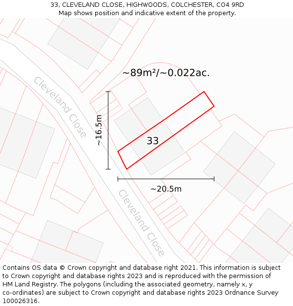 33, CLEVELAND CLOSE, HIGHWOODS, COLCHESTER, CO4 9RD: Plot and title map