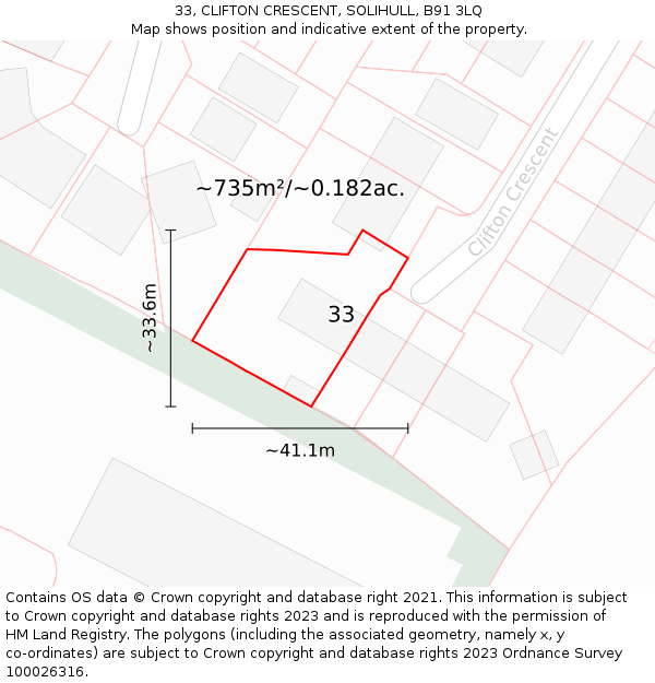 33, CLIFTON CRESCENT, SOLIHULL, B91 3LQ: Plot and title map