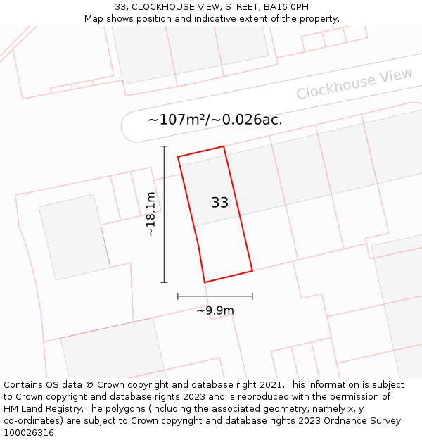 33, CLOCKHOUSE VIEW, STREET, BA16 0PH: Plot and title map
