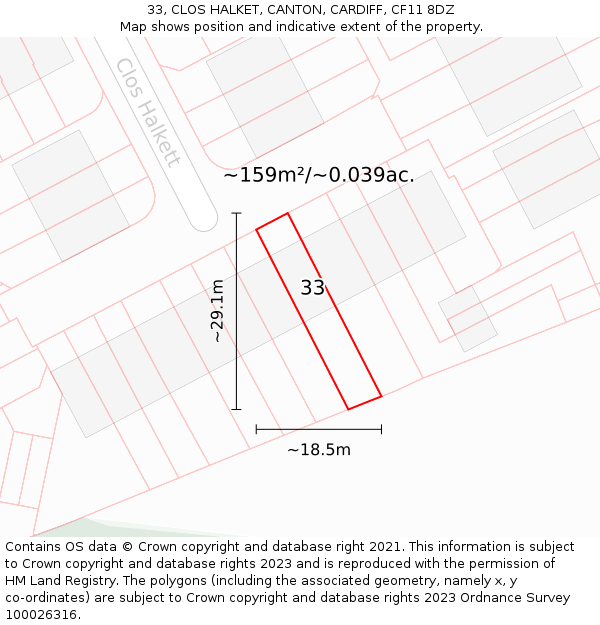 33, CLOS HALKET, CANTON, CARDIFF, CF11 8DZ: Plot and title map