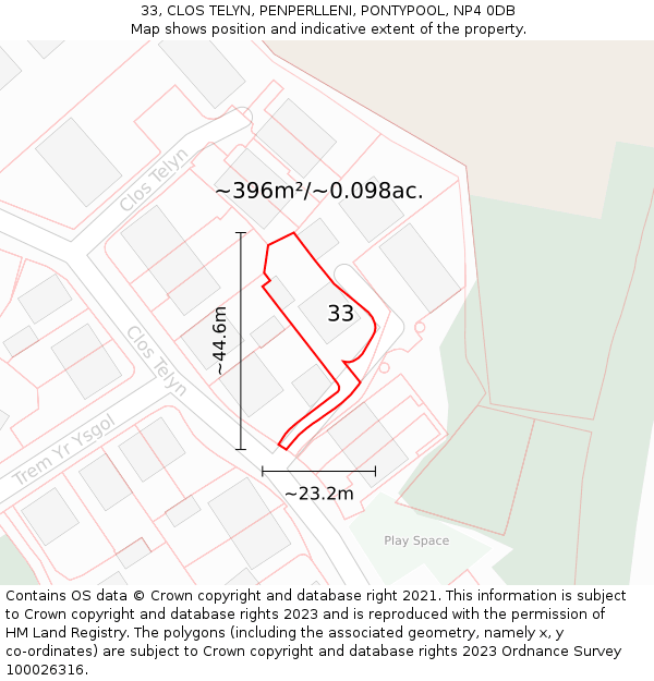 33, CLOS TELYN, PENPERLLENI, PONTYPOOL, NP4 0DB: Plot and title map