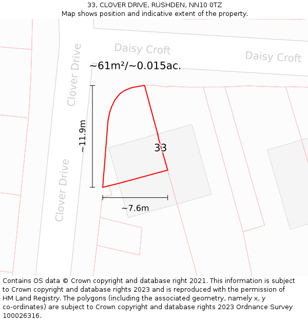 33, CLOVER DRIVE, RUSHDEN, NN10 0TZ: Plot and title map