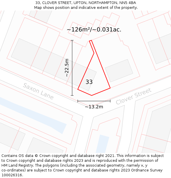 33, CLOVER STREET, UPTON, NORTHAMPTON, NN5 4BA: Plot and title map