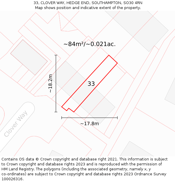 33, CLOVER WAY, HEDGE END, SOUTHAMPTON, SO30 4RN: Plot and title map