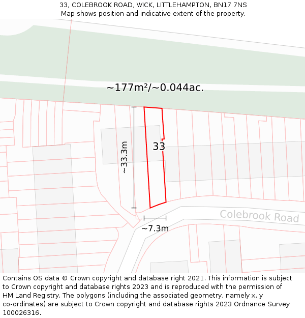 33, COLEBROOK ROAD, WICK, LITTLEHAMPTON, BN17 7NS: Plot and title map