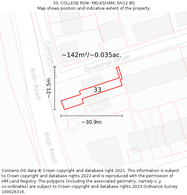 33, COLLEGE ROW, MELKSHAM, SN12 8FJ: Plot and title map