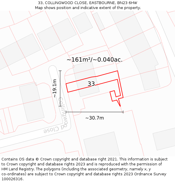33, COLLINGWOOD CLOSE, EASTBOURNE, BN23 6HW: Plot and title map