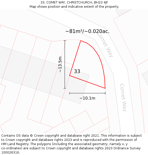 33, COMET WAY, CHRISTCHURCH, BH23 4JF: Plot and title map